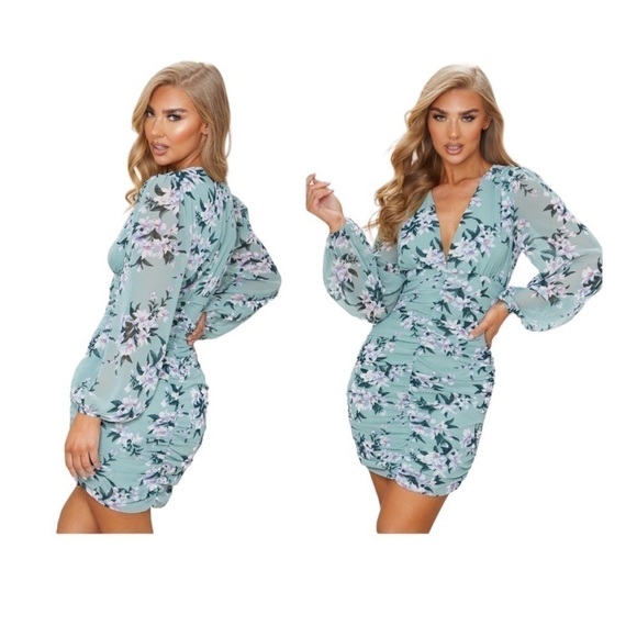 PrettyLittleThing Sage Green Floral Print Chiffon Ruched Long Sleeve Midi Dress - Picture 2 of 16